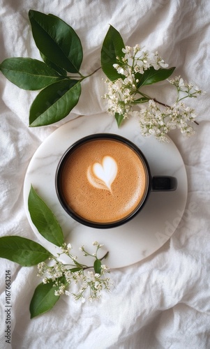 Coffee cup on marble tray surrounded by flowers and leaves in a serene setting