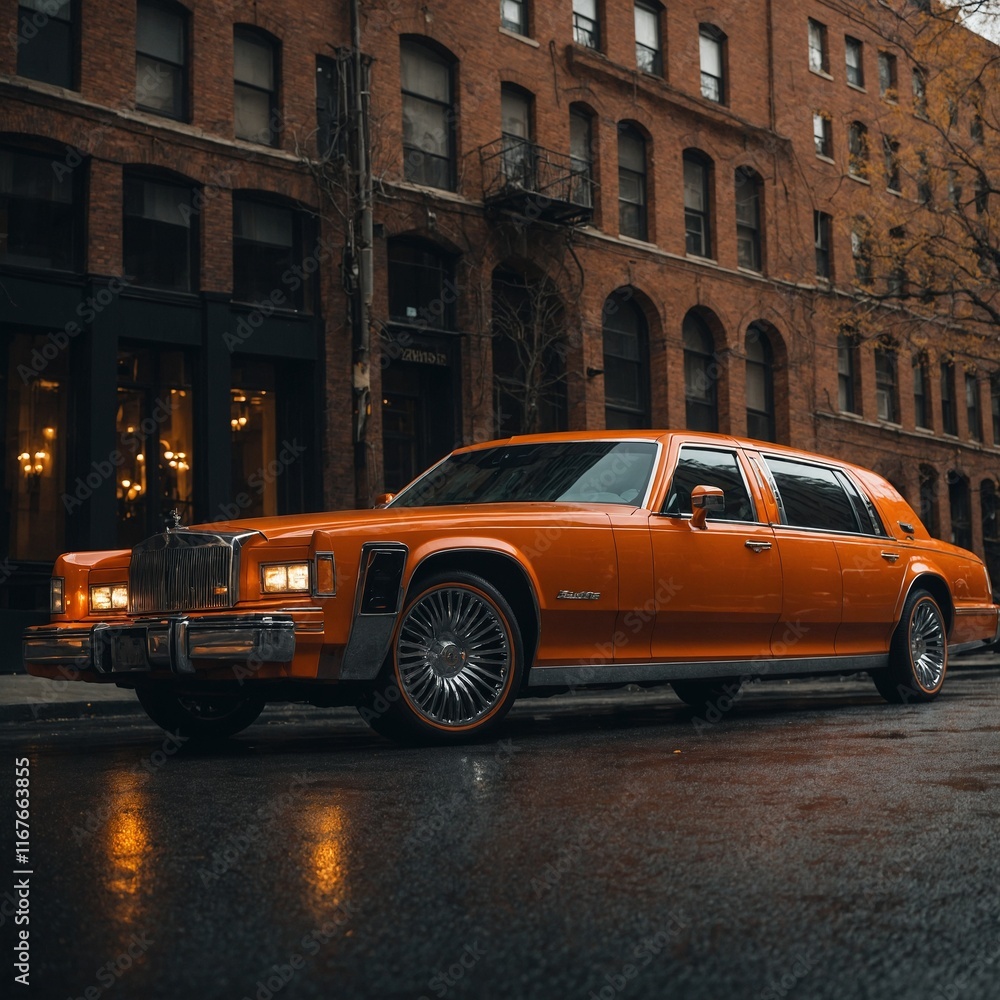 Fototapeta premium A bold orange limousine with sporty aesthetics, tinted windows, and dynamic headlights.
