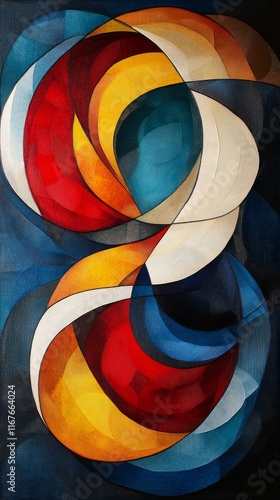 Colorful abstract artwork featuring dynamic swirling shapes and contrasting t...