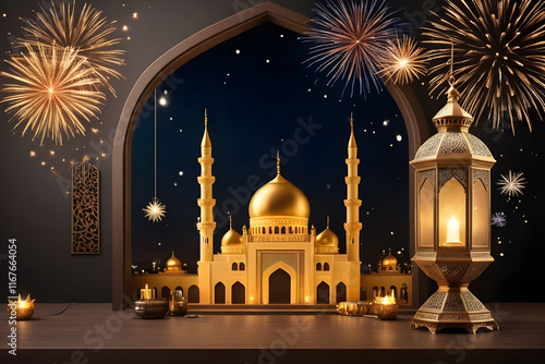 Wallpaper Mural Celebrating ramadan, a serene night view of a mosque with fireworks illuminating the sky Torontodigital.ca