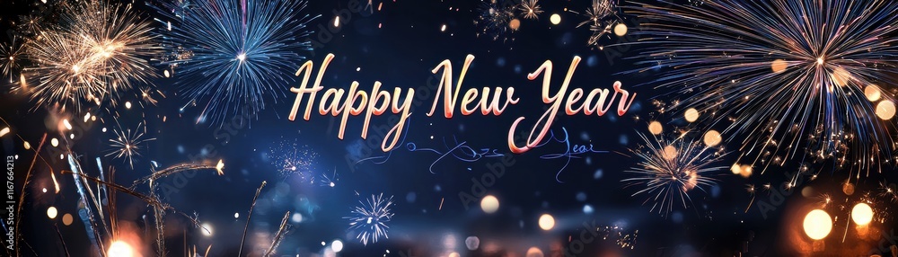 Fototapeta premium Radiant Celebratory Background with Fireworks and Happy New Year Text in Pink and Blue Shades