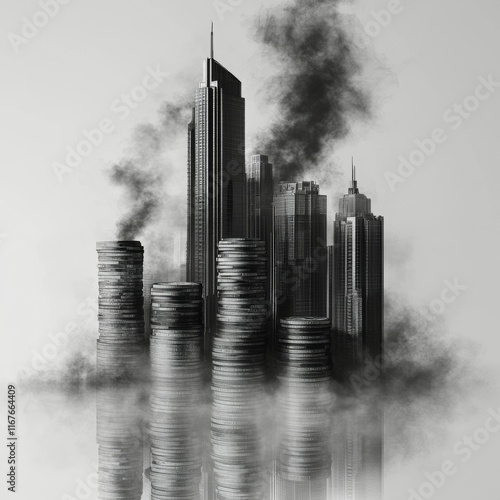 City skyline with stacks of coins representing wealth and prosperity
