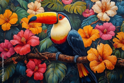 Colorful toucan perched on branch among vibrant flowers in tropical setting