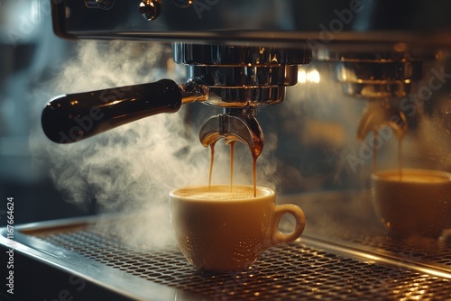 Perfect coffee brewing process with steam and rich texture in an upscale cafe