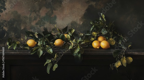 Fresh lemons hanging from lush branches in a dark, moody environment