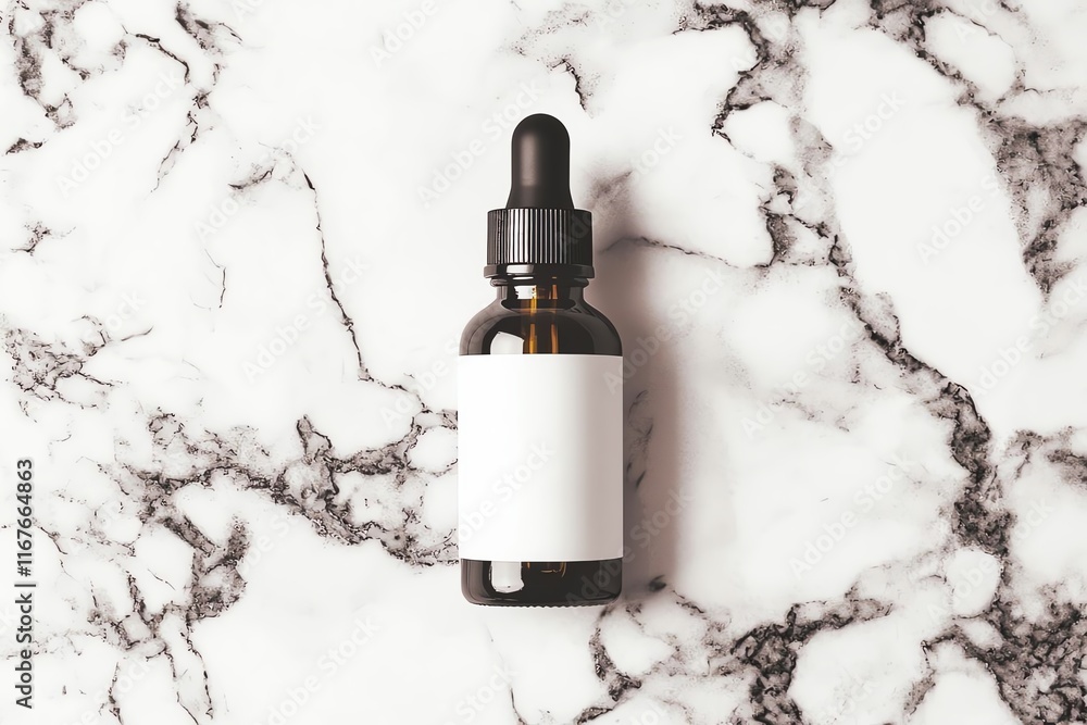 Dark glass dropper bottle on marble surface, perfect for skincare or essential oils. Dark glass dropper bottle on marble surface, perfect for skincare or essential oils.