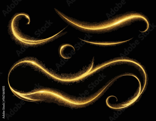 Set golden shimmering waves with light effect isolated on black background. Gold glittering star dust trail. Magic motion swirl lines.