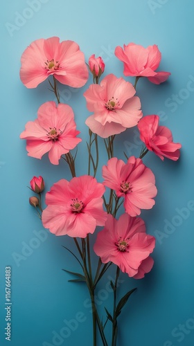 Blooming pink blossoms against a blue background create a vibrant floral display