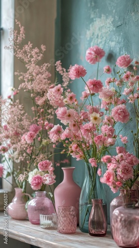 Beautiful arrangement of pink flowers in various vases at a bright interior l...