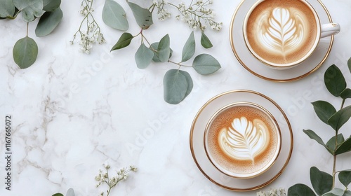 Cozy coffee cups with latte art surrounded by greenery on marble table