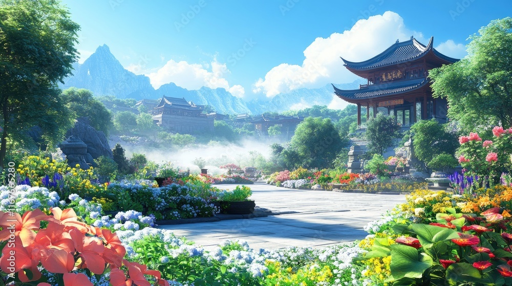 Obraz premium Serene Asian garden with pavilion, mountains, and blooming flowers under a bright sky.