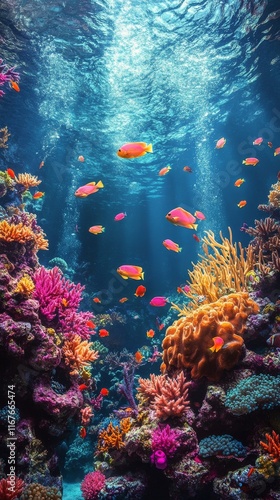 Vibrant underwater scene with colorful fish and coral reef in tropical waters