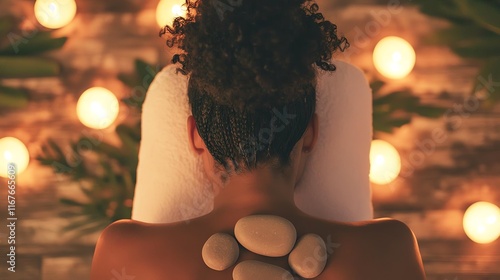 Relaxing spa treatment with stones on a person's back surrounded by warm ambient lights.