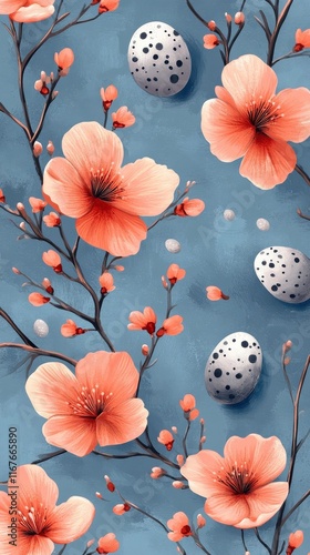 Spring celebration with colorful eggs and blooming flowers on a blue background