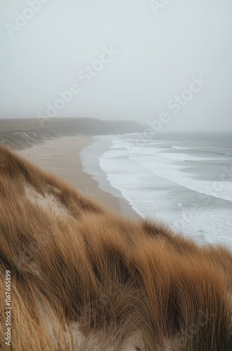 Coastal view with waves crashing on sandy shore and grassy dunes during gray ...