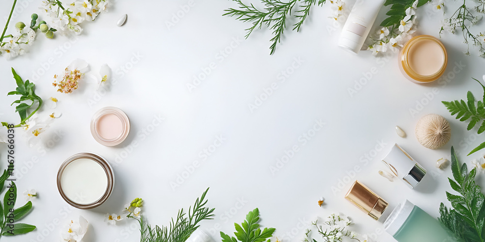 Spa Essentials on Marble with Natural Greenery Spa Essentials on Marble with Natural Greenery