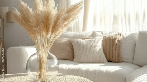 Elegant living room decor featuring dried pampas grass in a glass vase