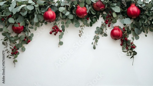 Fresh pomegranates and greenery arrangement for autumn season