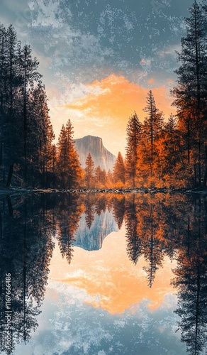 Stunning reflection of a mountain in serene water with a lone person in natur...