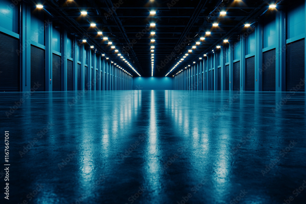 Fototapeta premium spacious blue empty room with dark concrete floor and walls, illuminated by bright overhead lights, creating modern and industrial atmosphere