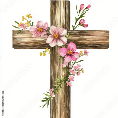 Floral cross design featuring pink and purple flowers on a wooden background