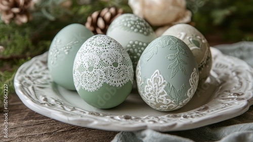 Elegant decorated eggs on a white plate with floral accents in a light and ai...