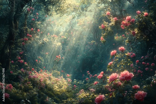 Sunlight filters through trees illuminating a vibrant flower field at dawn