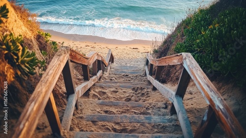 Stairs leading to a tranquil beach with gentle waves and sandy shore in the a...