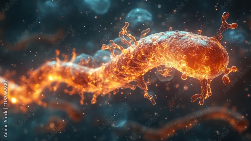 Microscopic Viral Structure: A 3D Render of a Fiery Orange Virus Microscopic Viral Structure: A 3D Render of a Fiery Orange Virus
