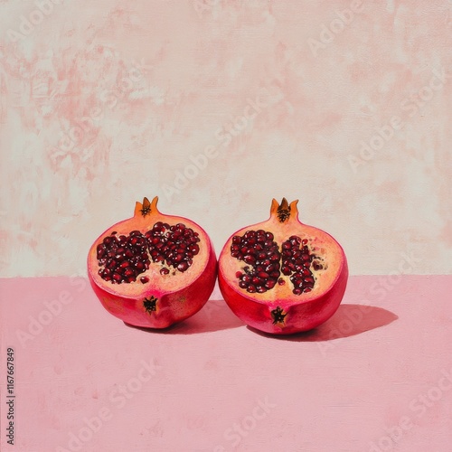 Brightly colored pomegranate halves on a soft pink background