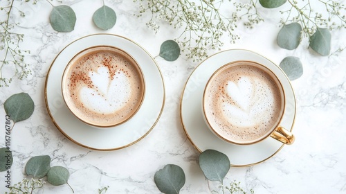 Cozy coffee cups with latte art surrounded by greenery on marble table