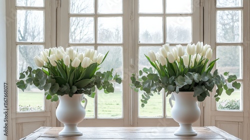 Beautiful white tulip arrangements on a wooden table in a bright room with la...