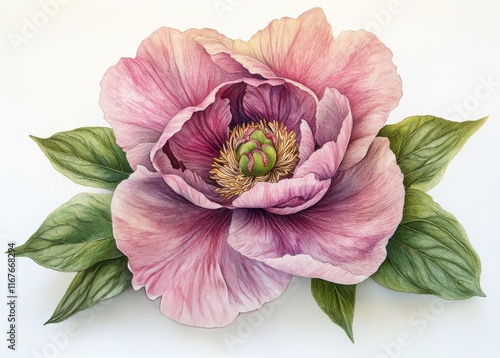 Delicate pink peony flower with green leaves against a soft pastel background