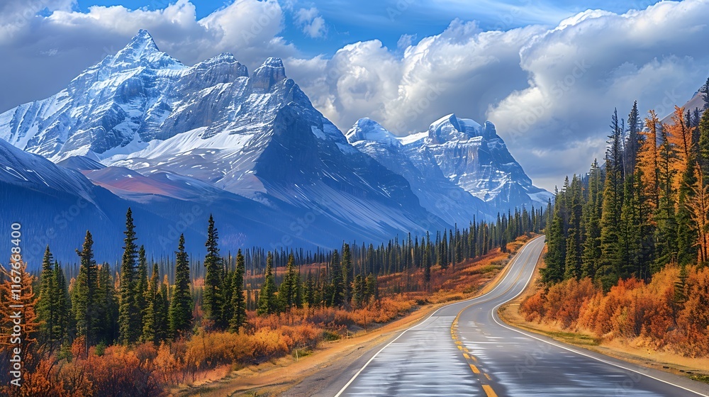 Scenic landscape with David Thompson Highway and mountains of Canadian Rockies Scenic landscape with David Thompson Highway and mountains of Canadian Rockies
