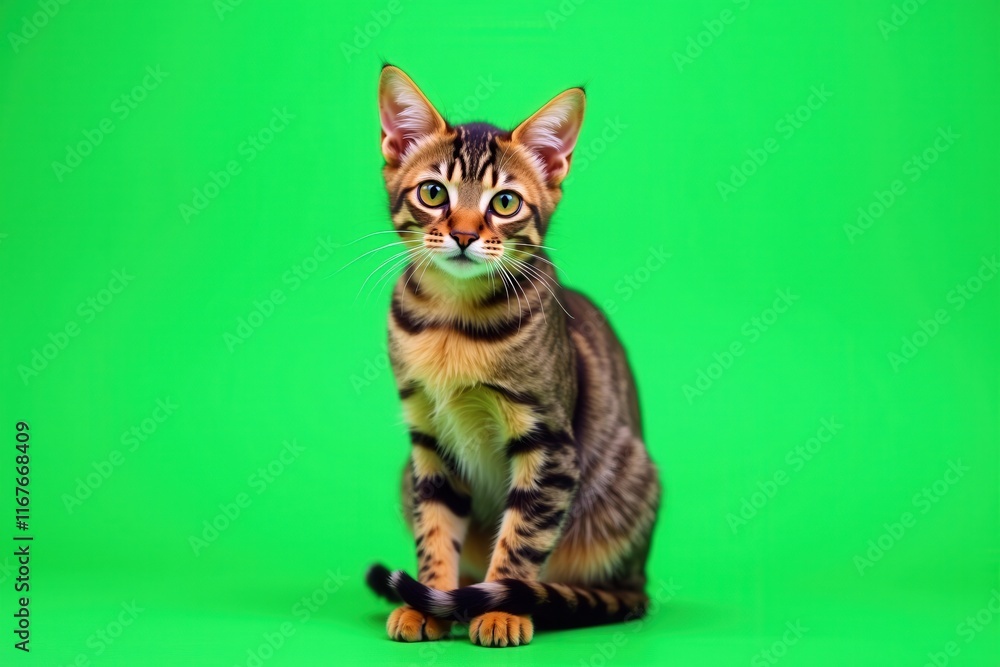Adorable American Bobtail Kitten with Striking Tabby Markings on a Vibrant Green Background Adorable American Bobtail Kitten with Striking Tabby Markings on a Vibrant Green Background