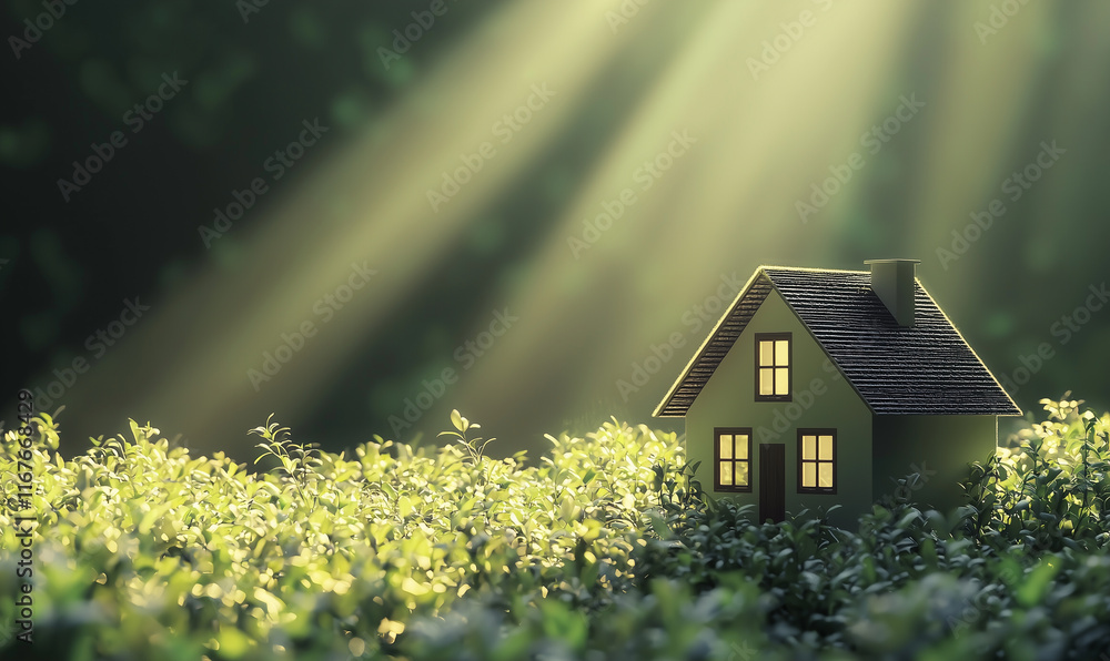 A small house nestled in a lush green field, illuminated by soft rays of sunlight breaking through the trees. A small house nestled in a lush green field, illuminated by soft rays of sunlight breaking through the trees.
