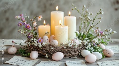 Elegant centerpiece featuring a candle and decorated eggs in a floral nest