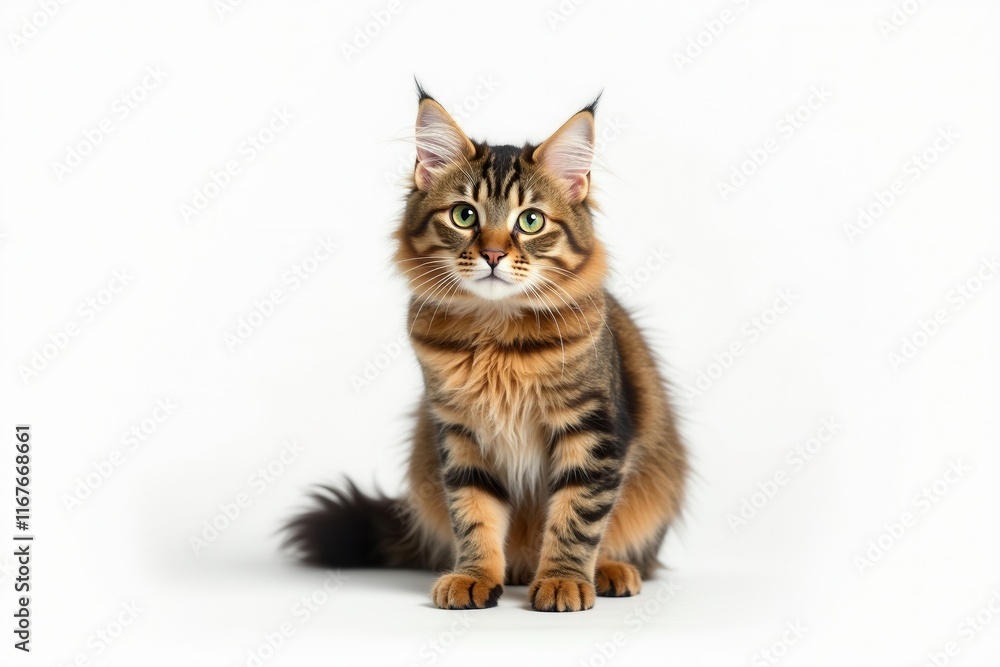 Obraz premium Stunning American Bobtail cat portrait with captivating eyes and beautiful tabby fur on white background