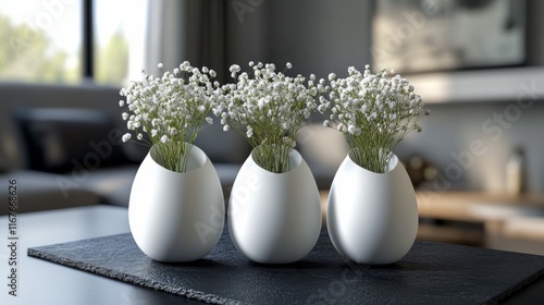 Elegant white vases with delicate flowers arranged on a dark tabletop in a mo...