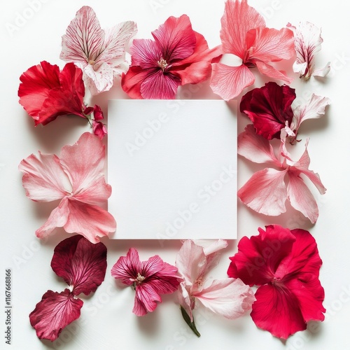 Floral arrangement featuring pink and red flowers around a blank space for cr...