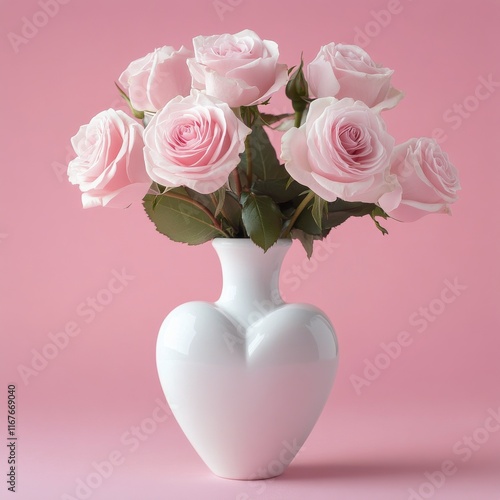 Pink roses in a white pot with a heart decoration against a pastel pink backg...
