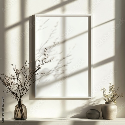 Framed empty canvas on a wall with decorative plants casting shadows in warm ...