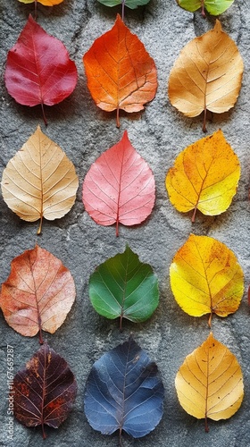 Colorful autumn leaves arranged in a decorative pattern on a white background