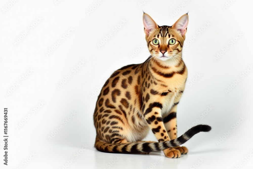 Obraz premium Stunning studio shot of a beautiful Bengal cat with striking spots and bright green eyes a perfect pet portrait for any use
