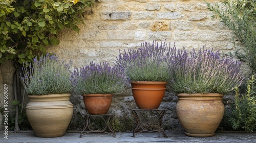 Lavender plants in terracotta pots arranged against a stone wall
