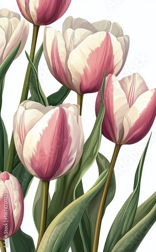 Vibrant tulip bouquet featuring pink and white blooms surrounded by lush gree...