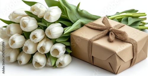 Elegant white tulips arranged with a gift wrapped in brown paper