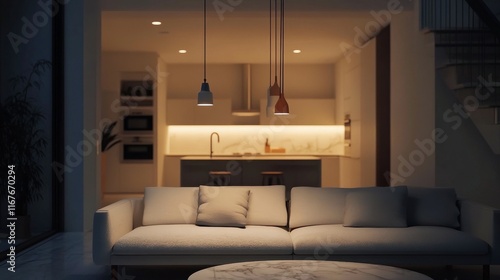 Modern minimalist interior design with artful lighting and abstract elements ...