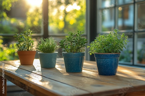 Lush green plants in decorative pots arranged on a rustic wooden table indoors