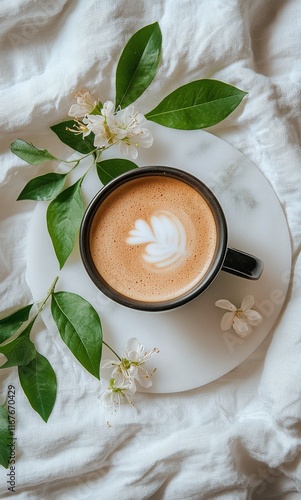 Coffee cup on marble tray surrounded by flowers and leaves in a serene setting